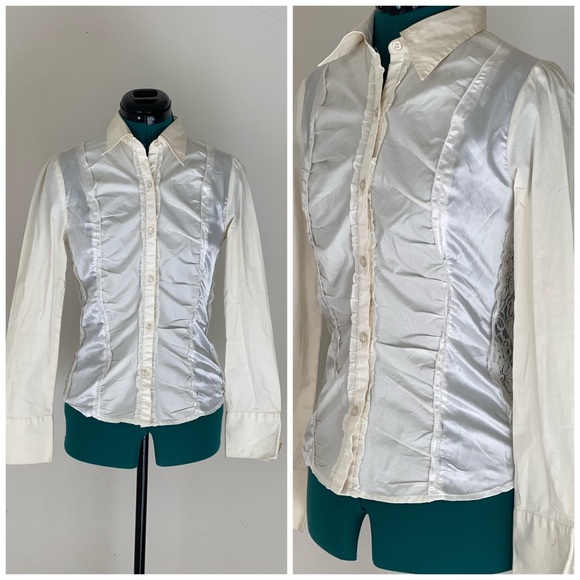 Rampage Tops - SOLDSexy white button-up with lace and satin highlight